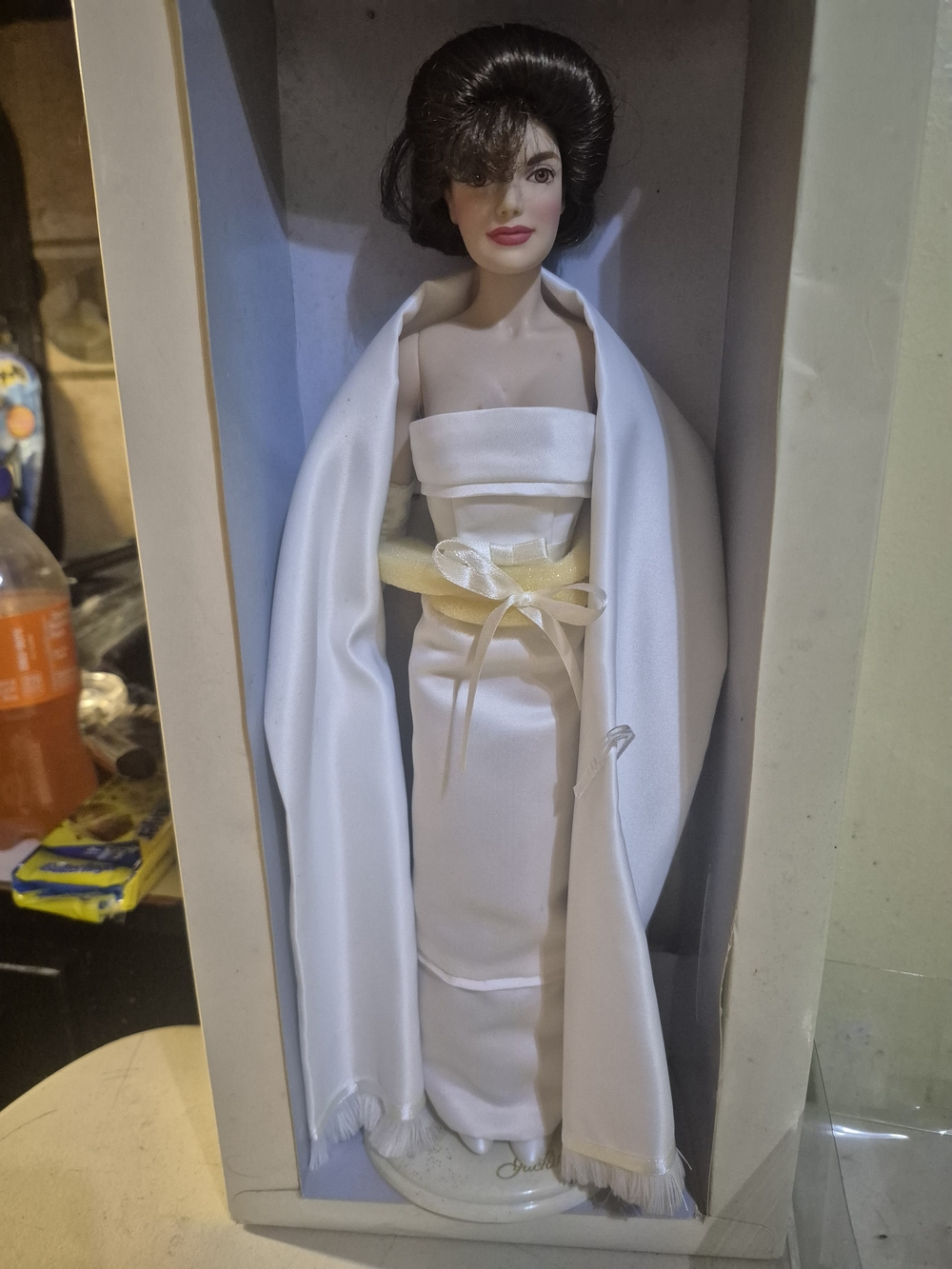 Collector Porcelain Doll in White Gown with Cream Sash